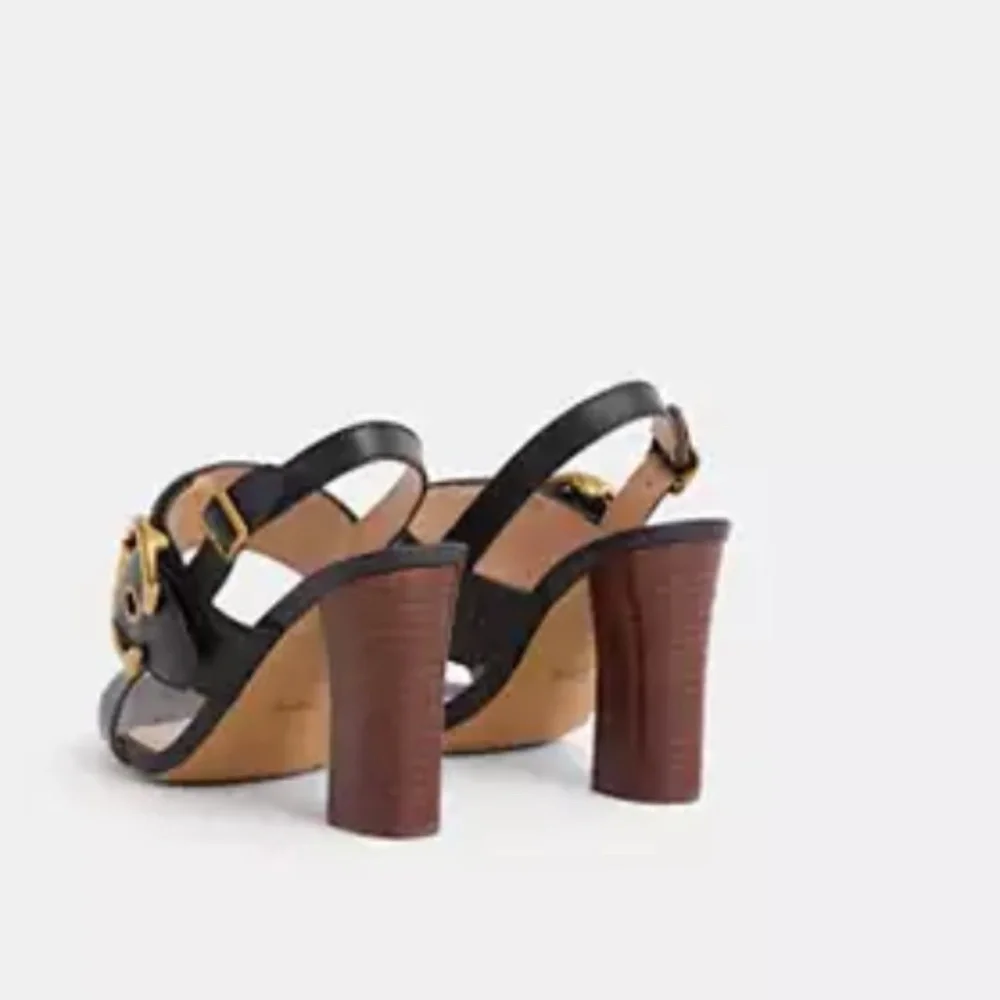 COACH Black Leather Sandal Gold Buckle Robin